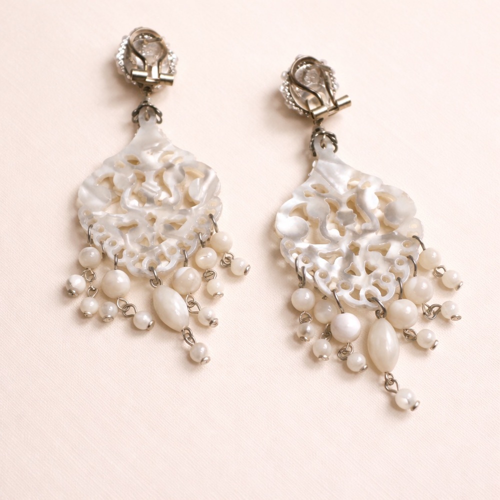 Vintage DUBLOS Mother of Pearl Chandelier Earrings White Flamenco Style - Picture 3 of 3